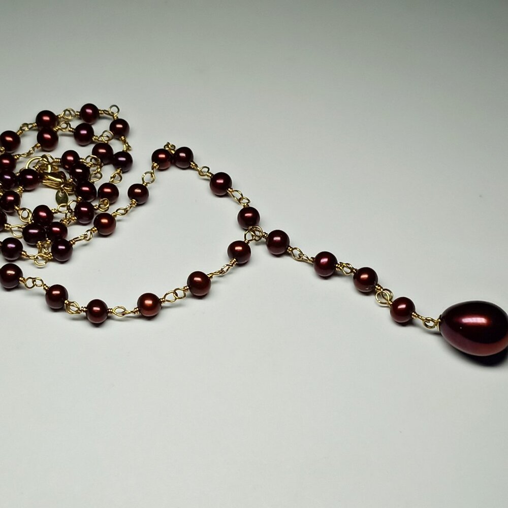 Chocolate / Brown Pearl  14K Gold Lariat Necklace